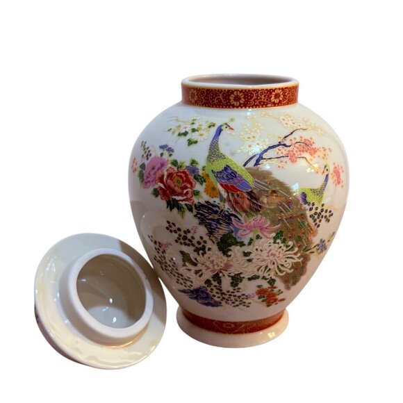 Satsuma Peacock Ginger Jar Decorative Japanese Bird Vase 7" Floral VTG Home Deco - Picture 3 of 13